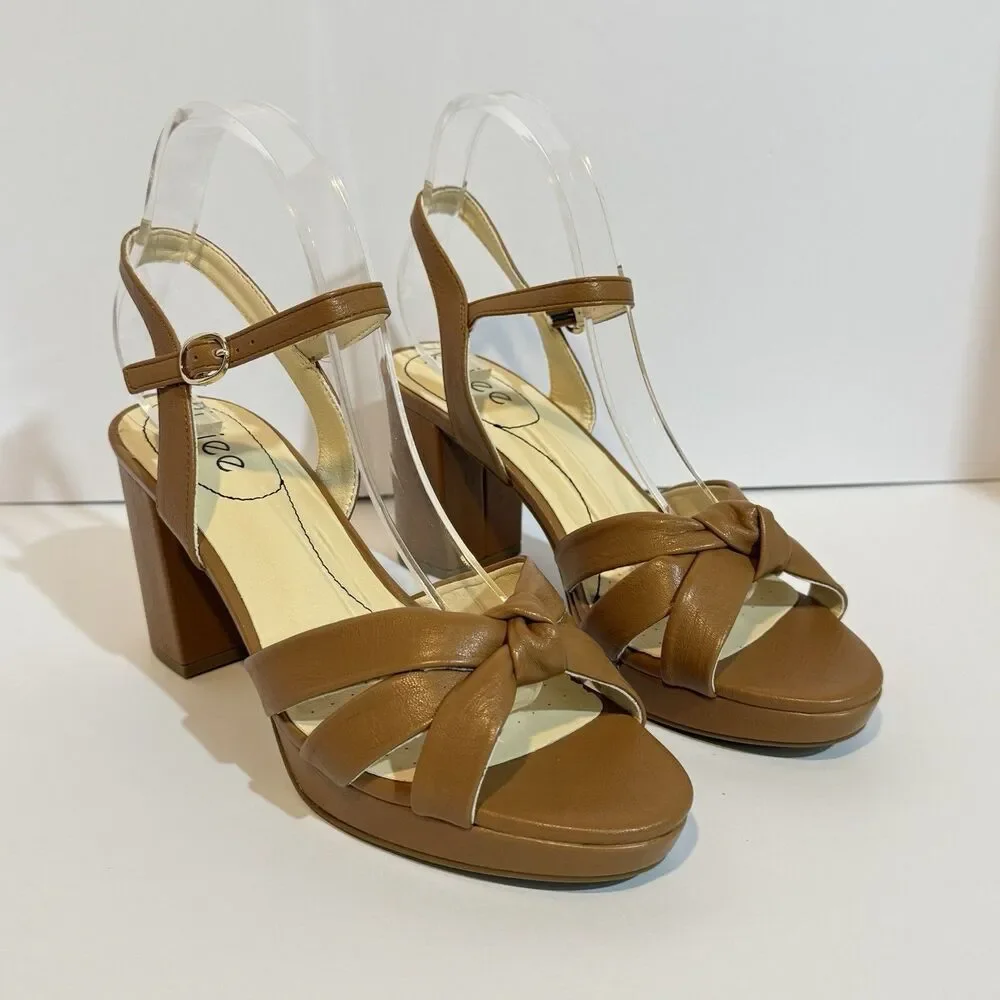 Ruiee Women's Platform Heels Chunky Sandals Ankle Strappy Brown Size 9.5 New